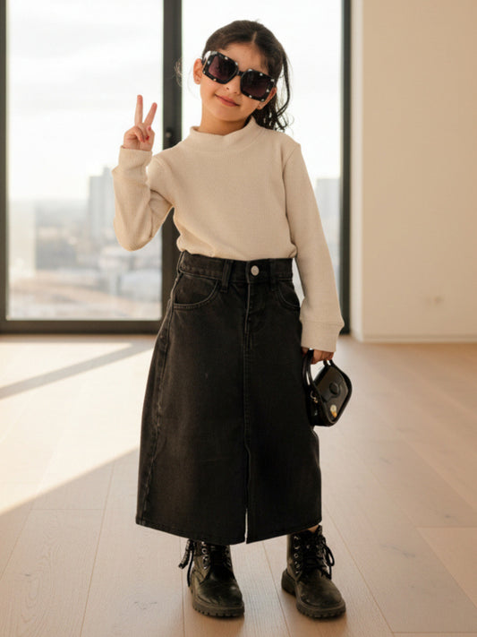 Stone Black | Denim Long Skirt