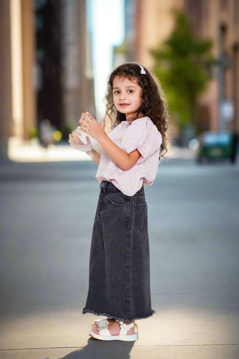 black skirt, long skirt, kids denim skirt, skirts for kids, skirt without slit, girls stylish outfits, modern outfit for girls, kids trendy outfit inspiration, fray bottom skirt