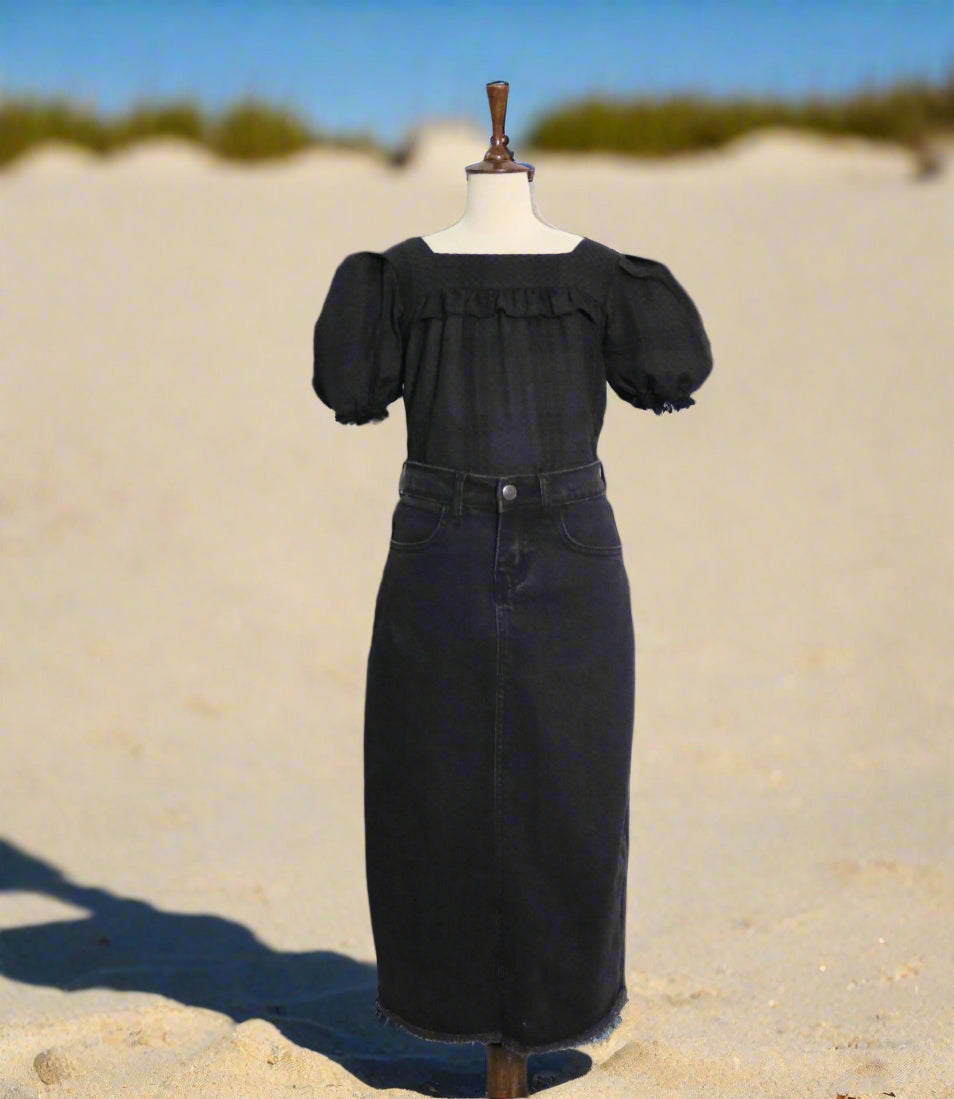 Stone Black | Denim Skirt | Fray Bottom