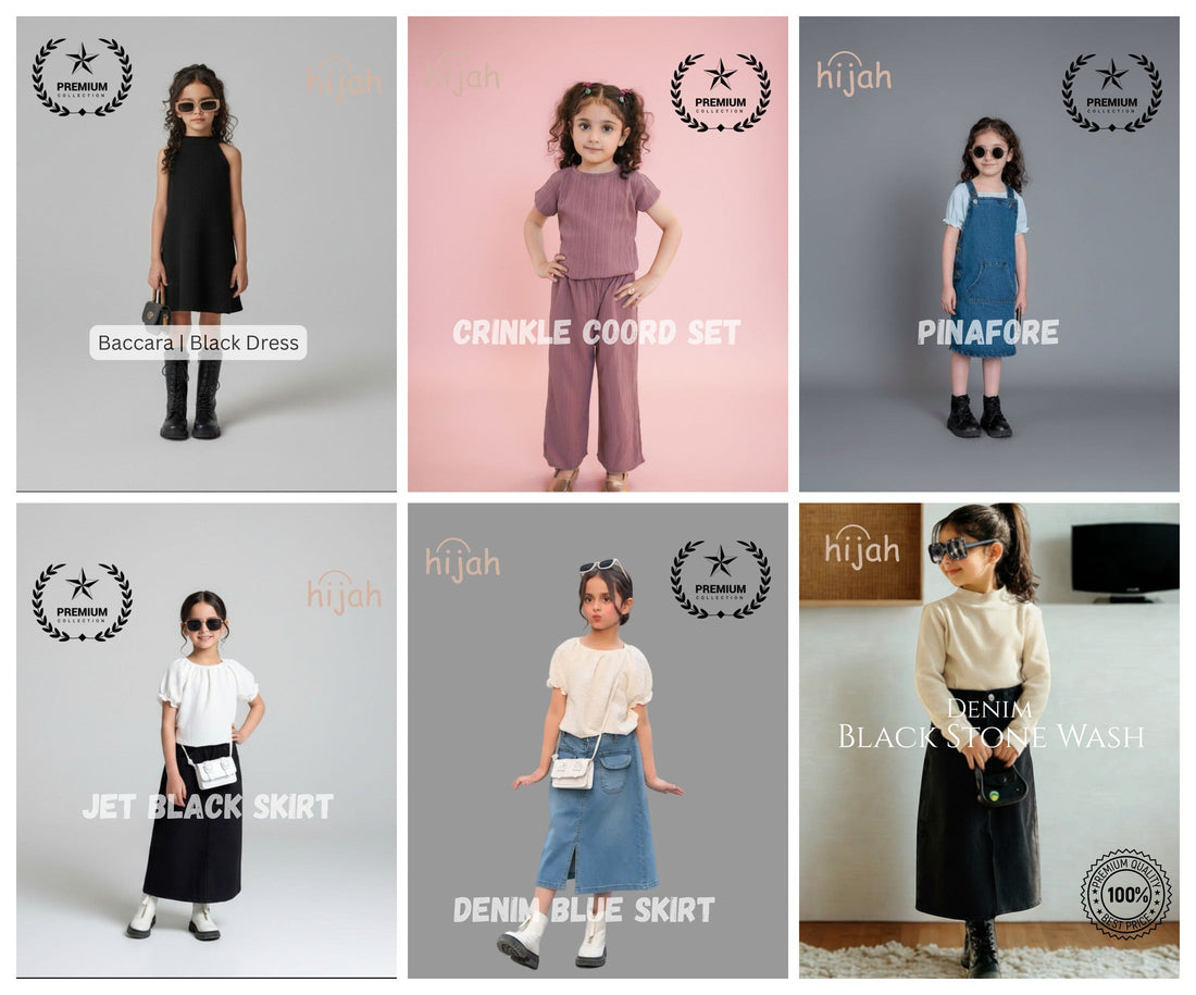 Hijah premium kids wear collection Pakistan 2026 — coord sets, denim skirts, pinafore, black dress