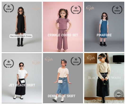 Hijah premium kids wear collection Pakistan 2026 — coord sets, denim skirts, pinafore, black dress