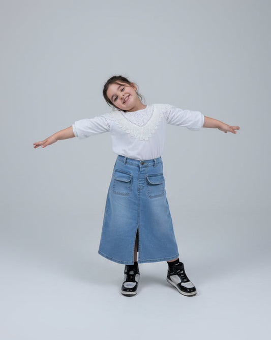 Girl wearing Hijah denim midi skirt and white top — mommy and me matching outfit inspiration by Hijah