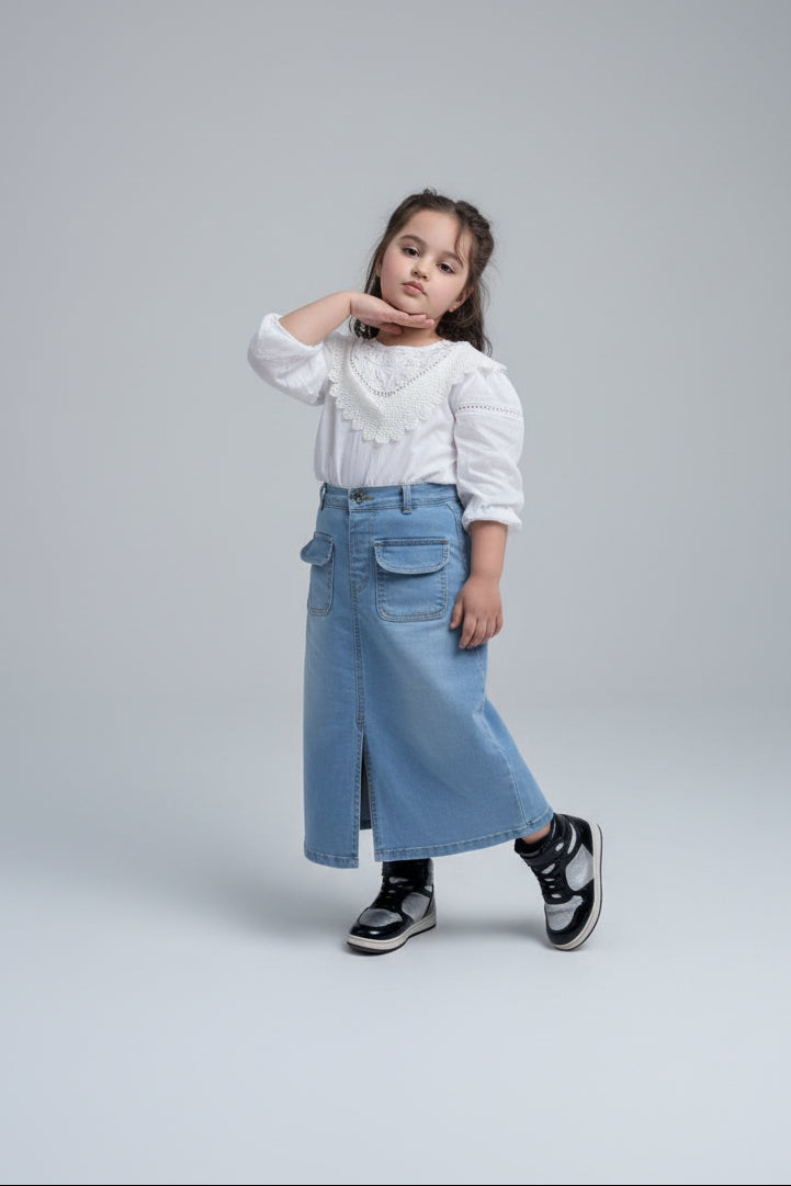 Girl wearing Hijah modest denim skirt with white top