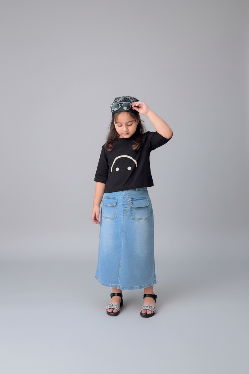 A young girl stands in front of a decorative glass door wearing a black t-shirt with a smiley face graphic and a light blue denim skirt.