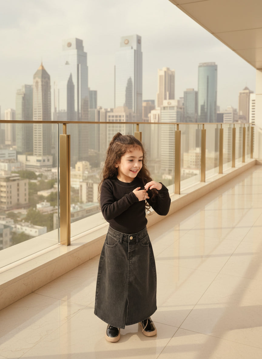 Young girl in a park wearing a black top and denim skirt.