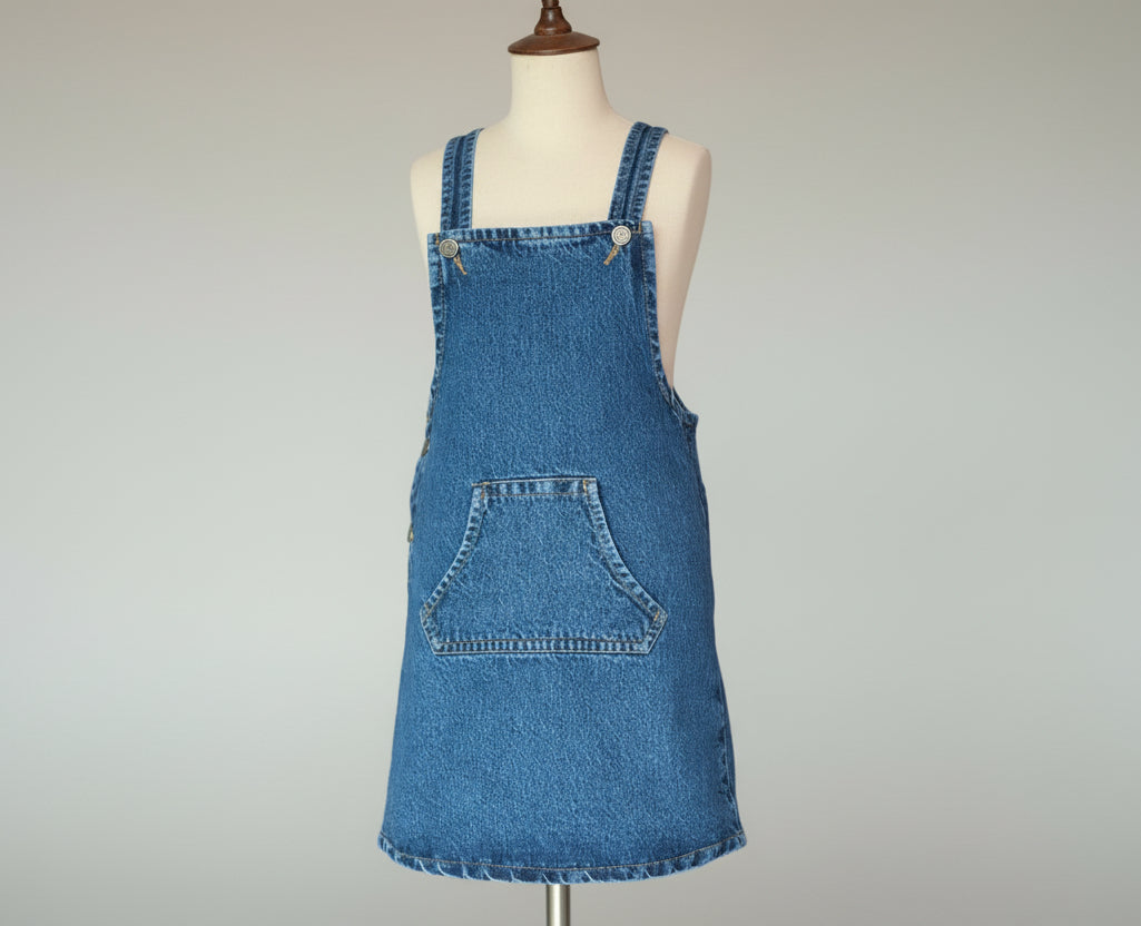 Denim pinafore dress on a mannequin against a neutral background