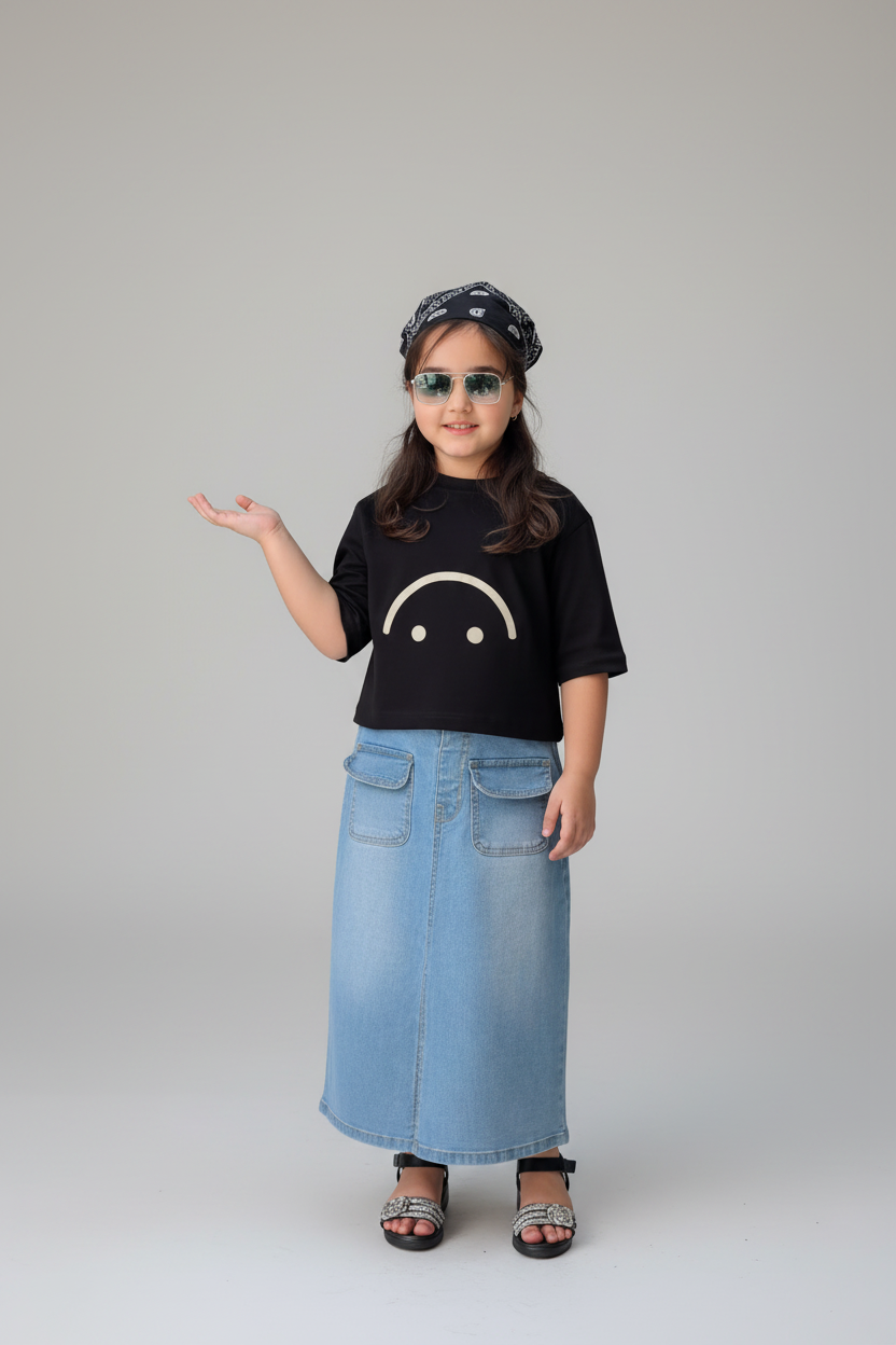 A young girl wearing a black graphic t-shirt with a smiley face, a light blue denim midi skirt, and sunglasses, posing in front of a decorative wooden door.