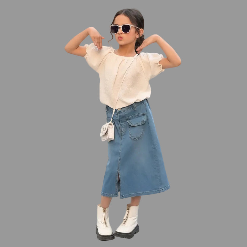 Denim Long Skirt | Light Wash