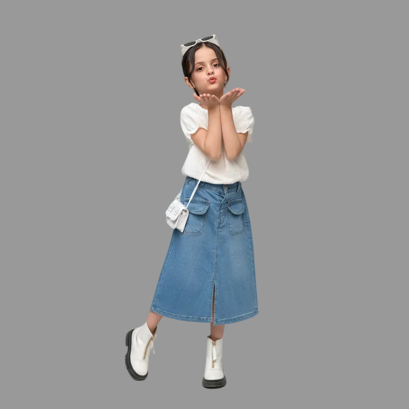 Denim Long Skirt | Light Wash