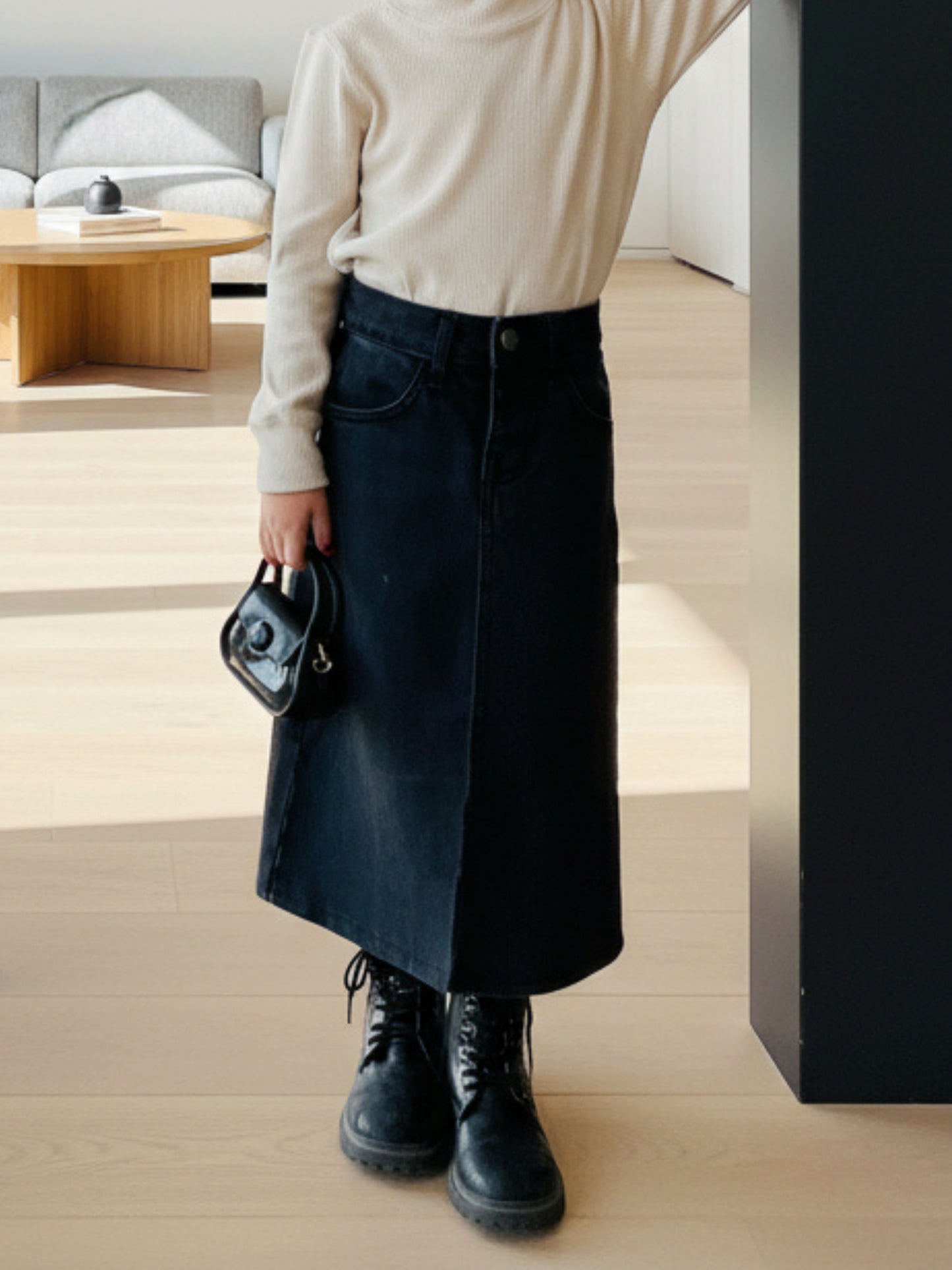 Stone Black | Denim Long Skirt