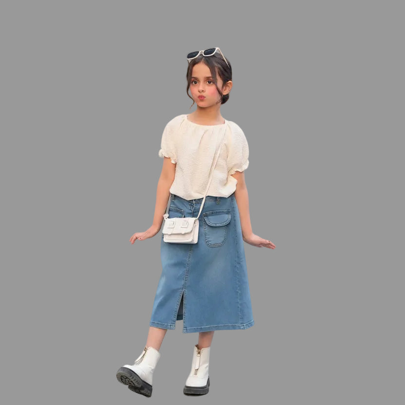 Denim Long Skirt | Light Wash